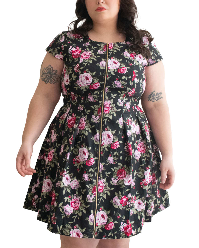 Front of a model wearing a size XL Rosaline Dress Fit & Flare Zip Front Floral Black in Black by ANNICK. | dia_product_style_image_id:282087